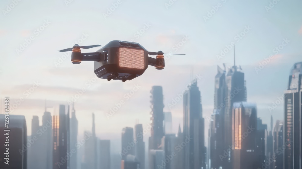 Futuristic delivery drone carrying package with blank branding space over city skyline Futuristic delivery drone carrying package with blank branding space over city skyline