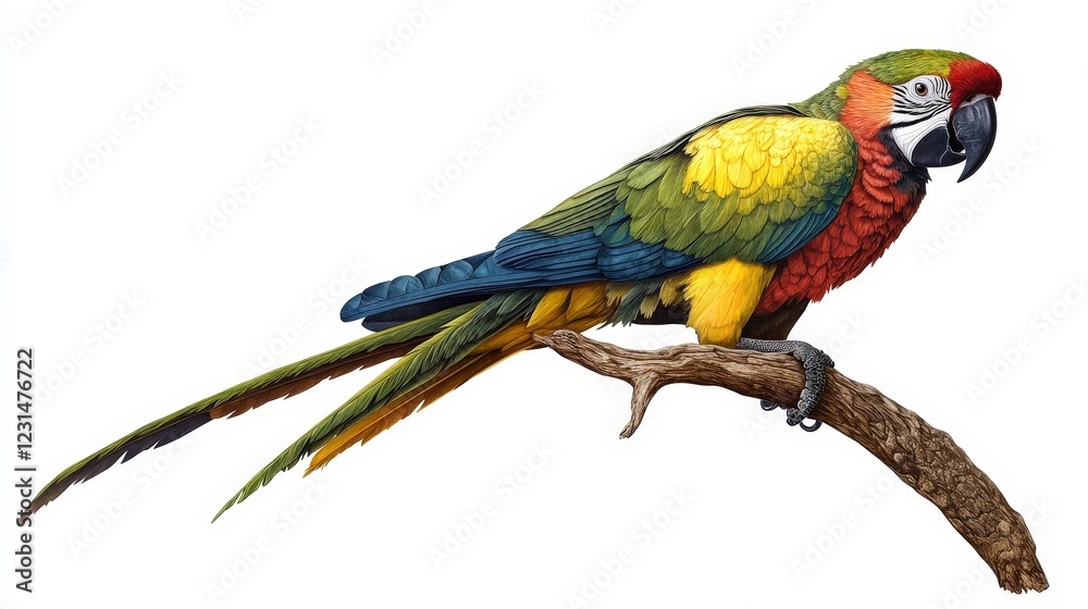 Fototapeta premium Golden-collared Macaw Perched: A vibrant golden-collared macaw with its striking blue, green, yellow, and red plumage, perched on a weathered branch.