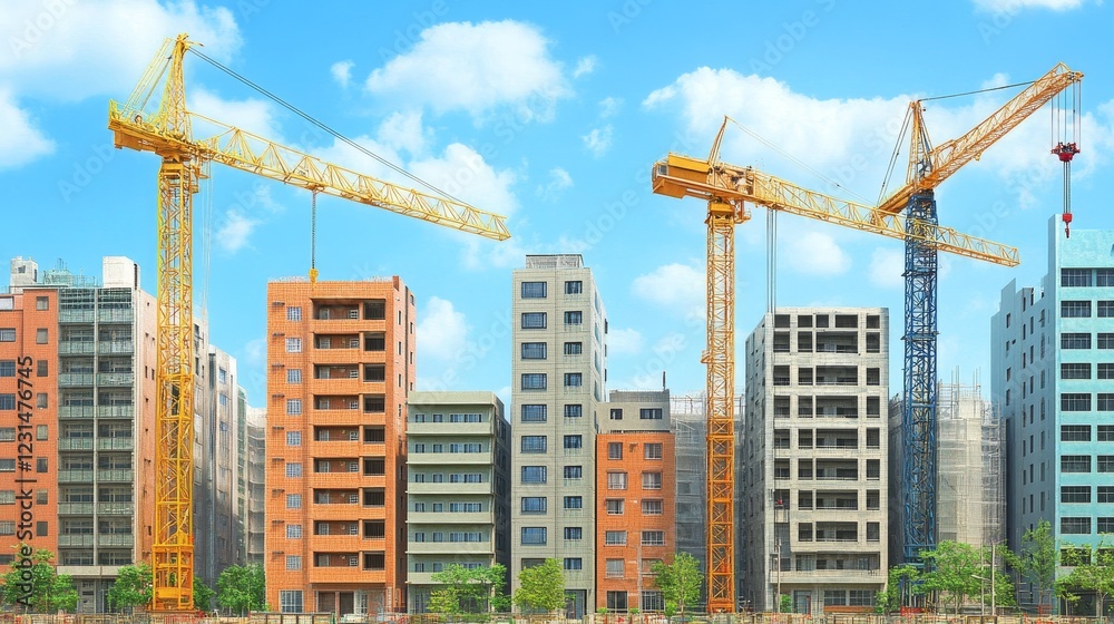 Urban Construction Site with Multiple Tower Cranes and Buildings Under Development Urban Construction Site with Multiple Tower Cranes and Buildings Under Development