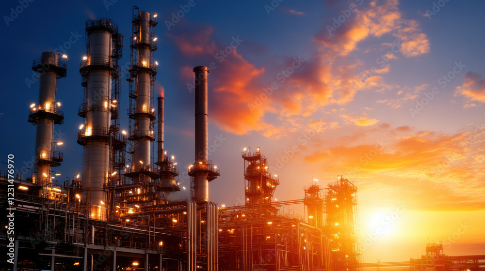 Fototapeta premium Industrial setting at sunset with smokestacks and glowing lights