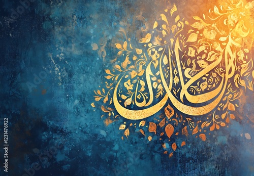 Intricate golden Arabic calligraphy on a blue textured background with ornate detailing

