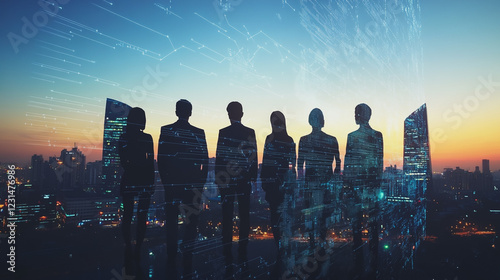 Abstract business team stands on the peak of success amid tall, innovative Smart city and graphs with statistics to analyze business potential and predict future developments in company growth.