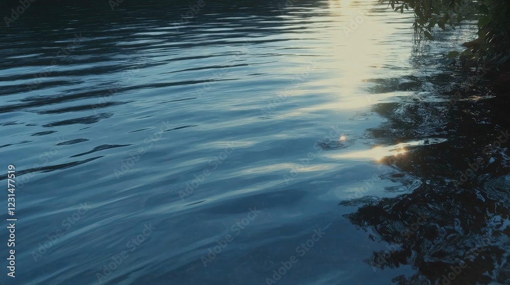 Fototapeta premium Tranquil Blue Water Reflection With Sunlight And Tree Shadows