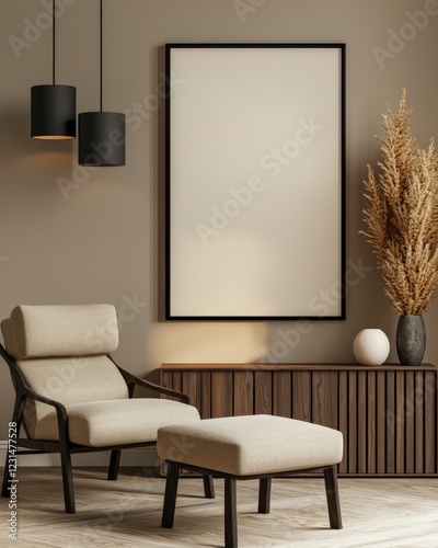 Modern Minimalist Living Room with Chair, Table, Frame, and Decorative Plant in Earthy Tones