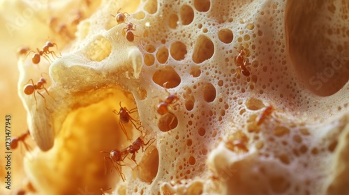 Ants foraging porous honeycomb, close-up, sunlight photo