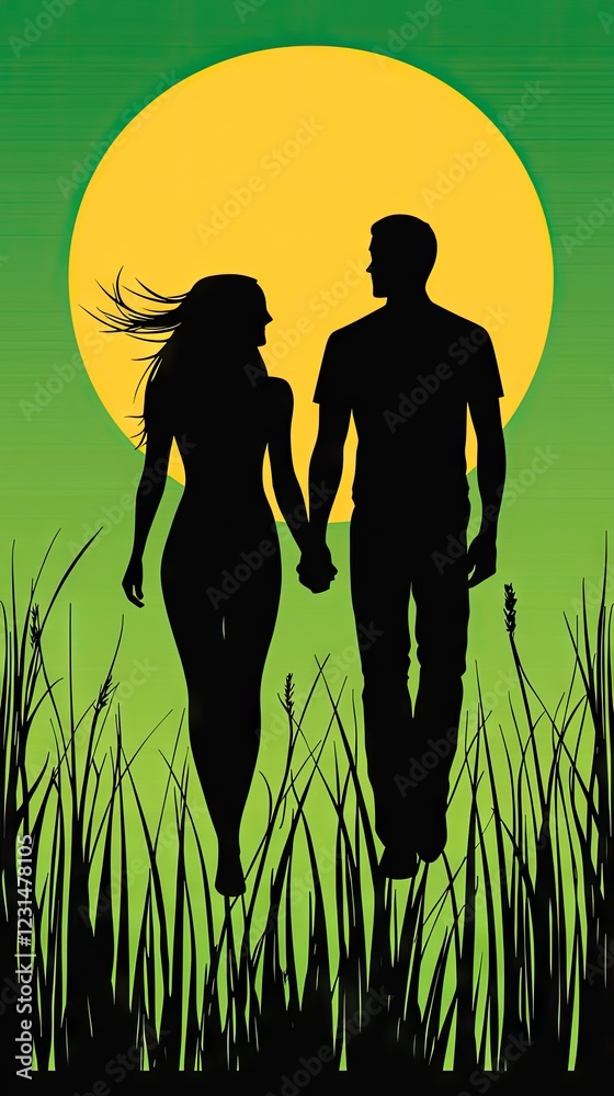 Couple walking hand-in-hand, moonlit field, romantic evening, relationship illustration Couple walking hand-in-hand, moonlit field, romantic evening, relationship illustration