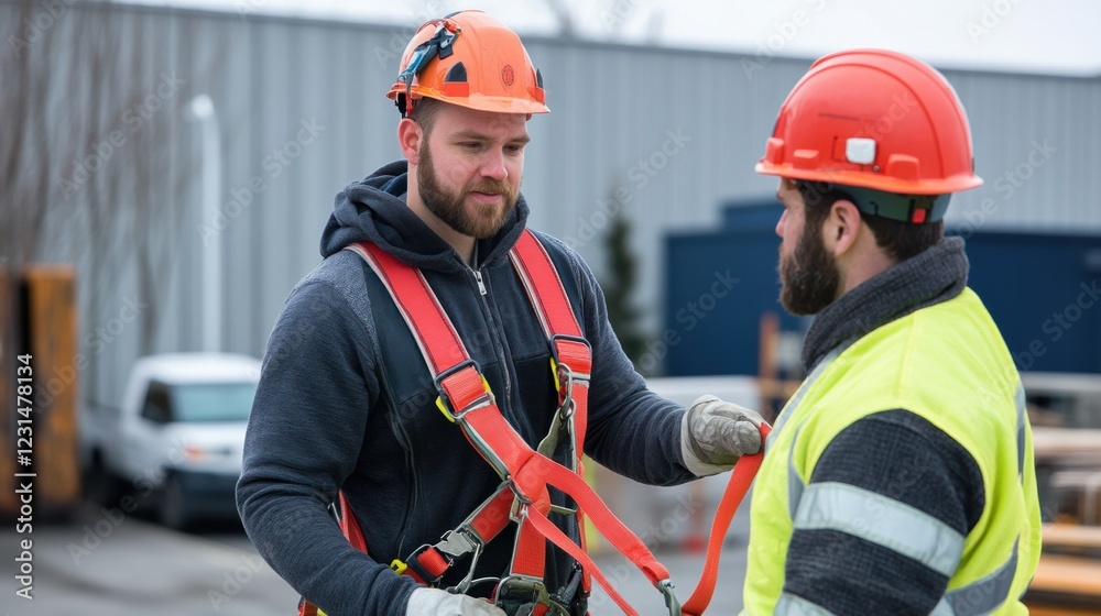 Fototapeta premium Supervisors ensuring that safety harnesses are properly secured for workers at heights.