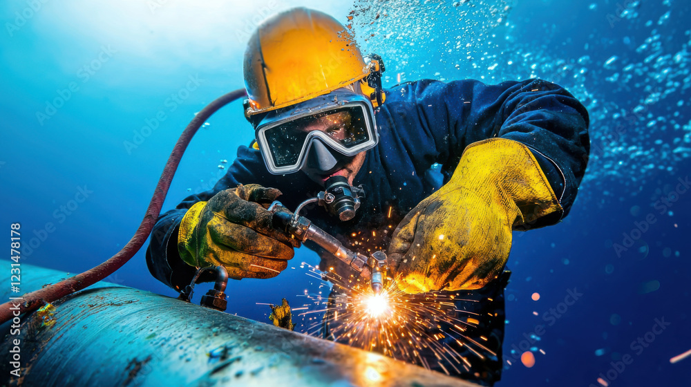 Obraz premium Underwater welder working on pipeline, creating sparks in vibrant scene