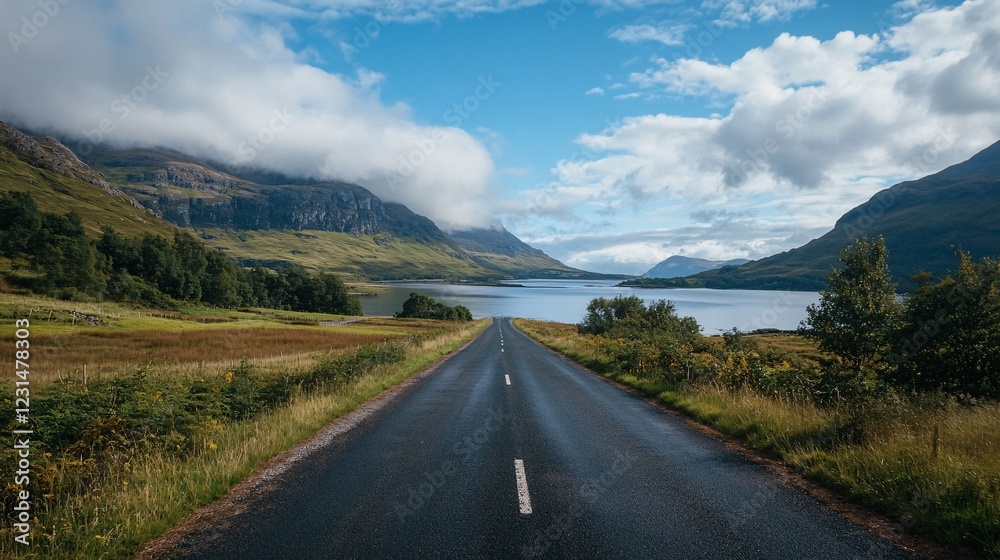Naklejka premium Serene Road Through Highland Landscape Under Clear Blue Sky