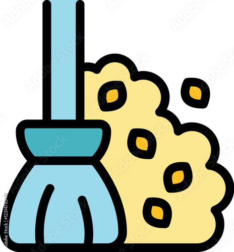 Simple icon of a broom sweeping dust and debris, representing cleaning and household chores