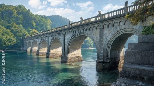 Ornate stone bridge spanning tranquil turquoise waters, nestled in lush green hills