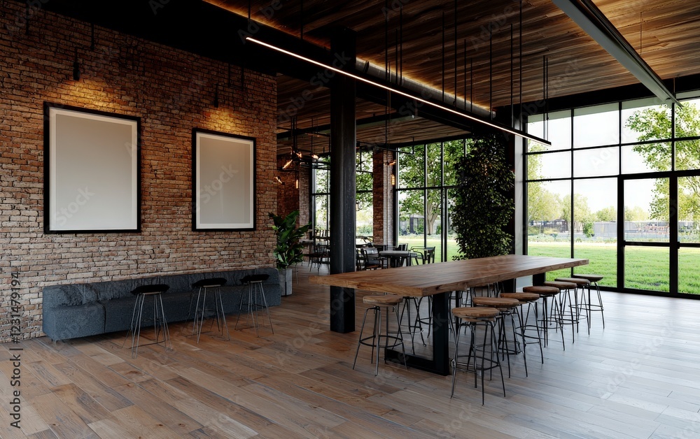 Obraz premium Modern Open Space Office Interior Design Featuring Wood Finishes and Natural Light in Urban Setting