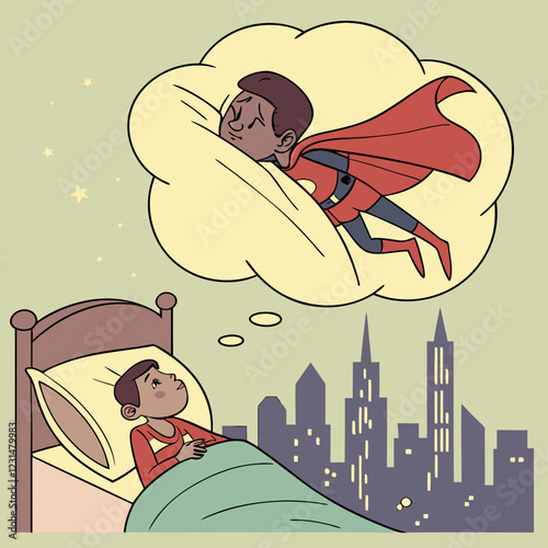 Boy Dreaming of Superhero Flight Over Cityscape