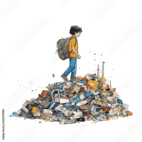a child is among a dirty mountain of rubbish
