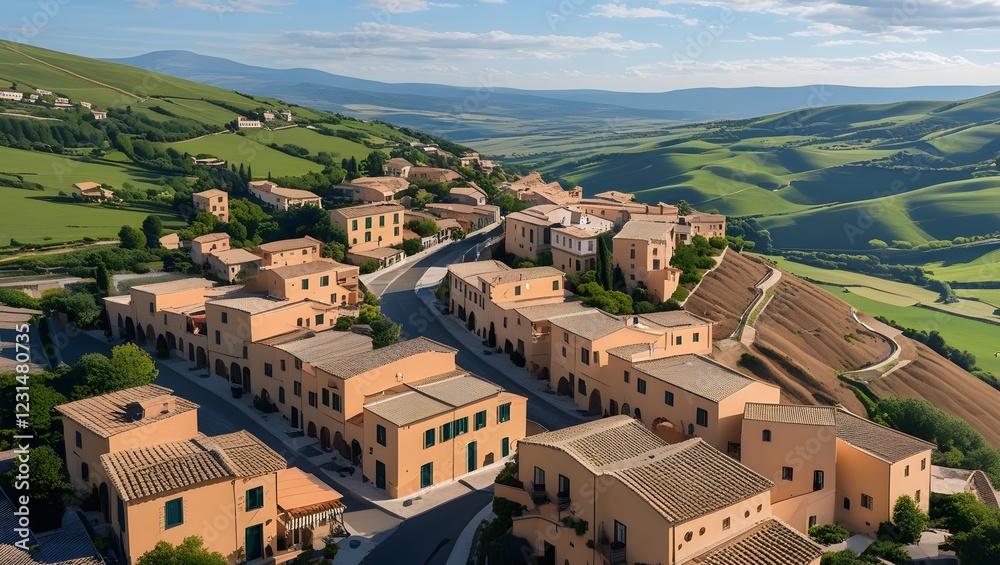 A high-angle view shows a village with terracotta roofs nestled in a hilly landscape. A high-angle view shows a village with terracotta roofs nestled in a hilly landscape.