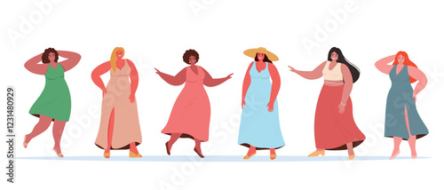 Set of beautiful young plus size women in summer dresses. Happy girls, satisfied with their bodies. Vector fly graphics.