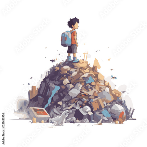 a child is among a dirty mountain of rubbish