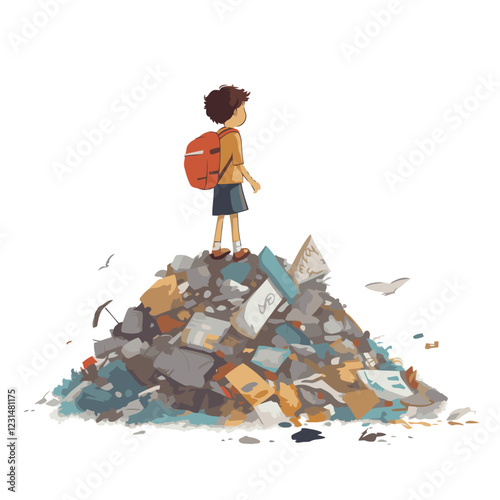 a child is among a dirty mountain of rubbish