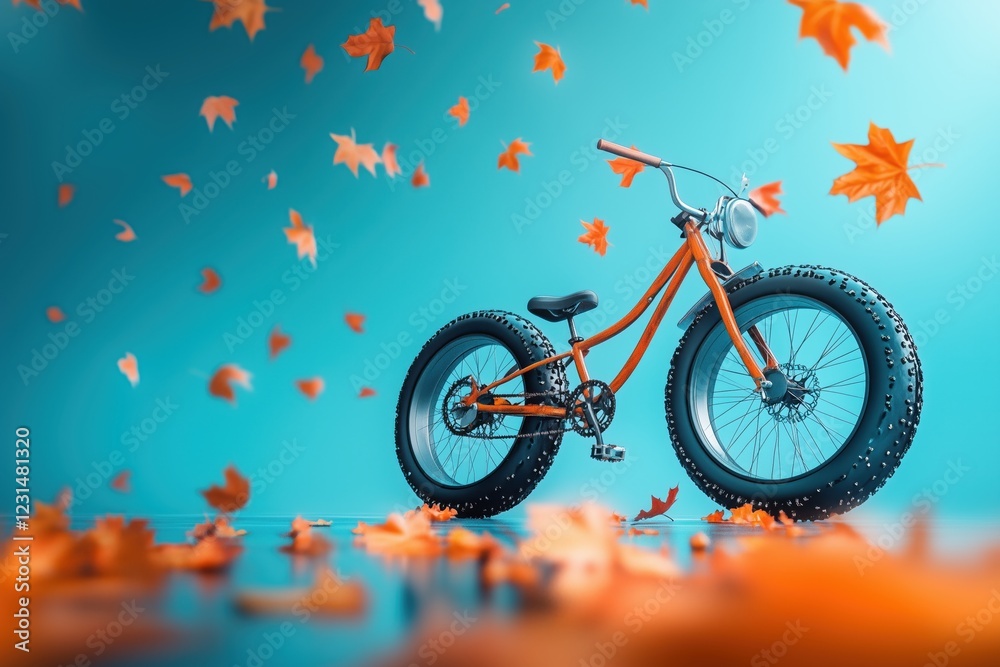 Fototapeta premium the bike is standing with orange leaves under the wheels, and orange leaves are also falling from above