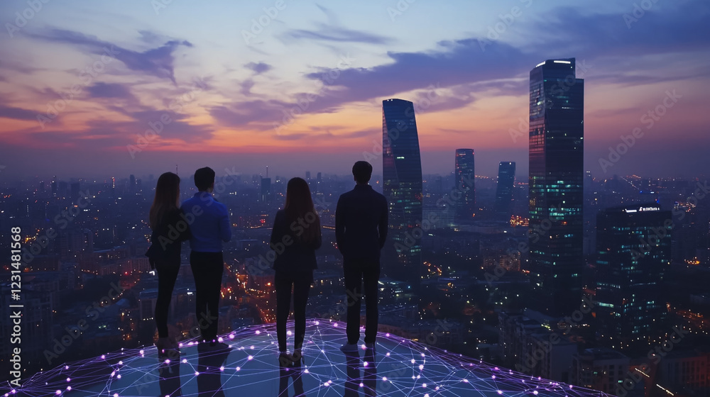Abstract business team stands on the peak of success amid tall, innovative Smart city and graphs with statistics to analyze business potential and predict future developments in company growth. Abstract business team stands on the peak of success amid tall, innovative Smart city and graphs with statistics to analyze business potential and predict future developments in company growth.