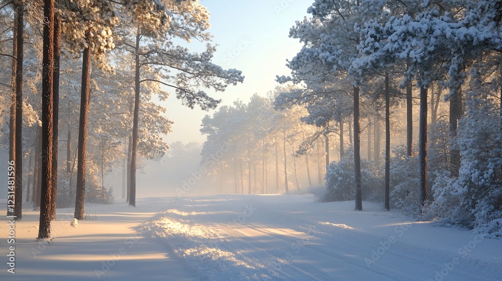Naklejka premium Serene Winter Landscape with Snow-Covered Trees and Road