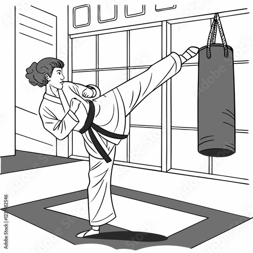 Person Practicing Karate with a high kick against a studio background