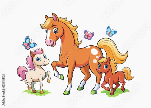 Hand drawn standing brown horse, rearing up Arabian horse, beautiful horse with brown hair Isolated vector illustration
