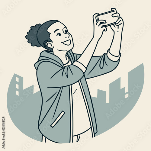 Person Taking A Selfie with a joyful expression in an urban setting