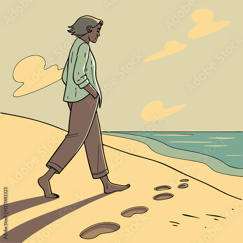 Person walking barefoot on the sand near the ocean