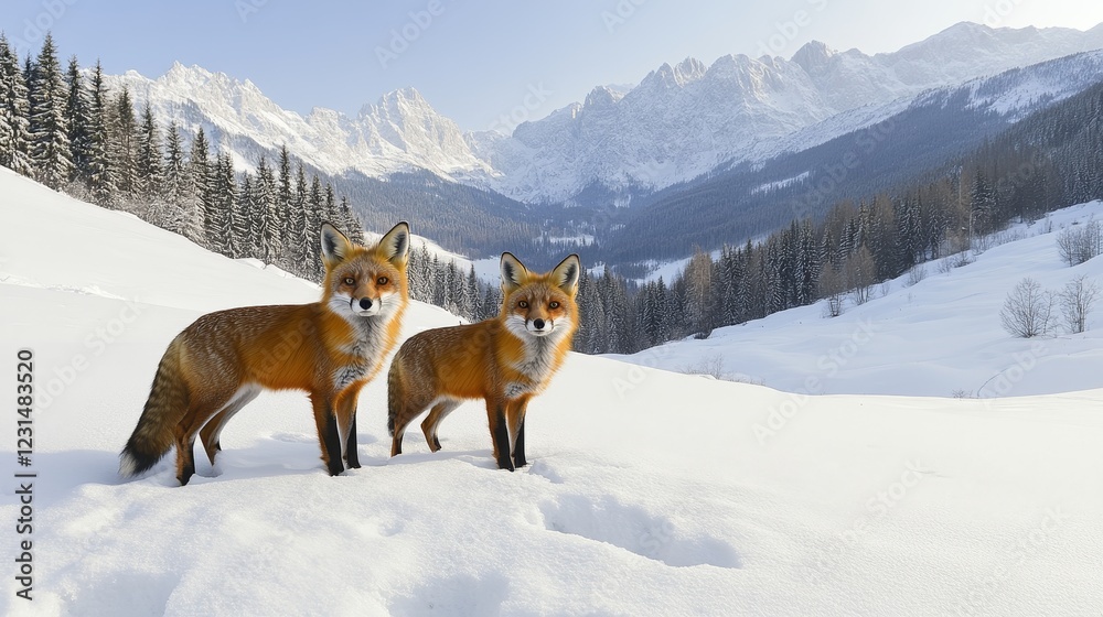 Obraz premium Two Red Foxes Standing in Snowy Mountain Landscape