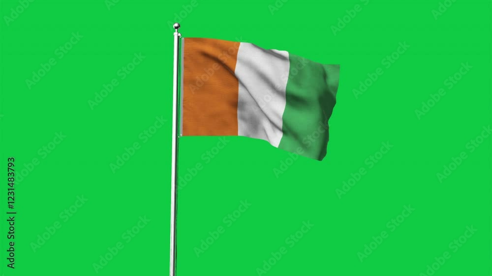 High detailed flag of Cote d'lvoire. National Cote d'lvoire flag. 3D Render. Green Background.