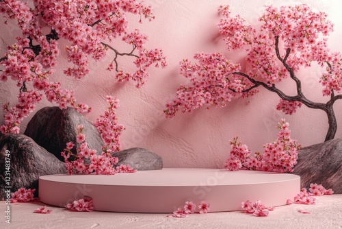 Pink wall with a white bench and a pink tree in a serene outdoor setting photo