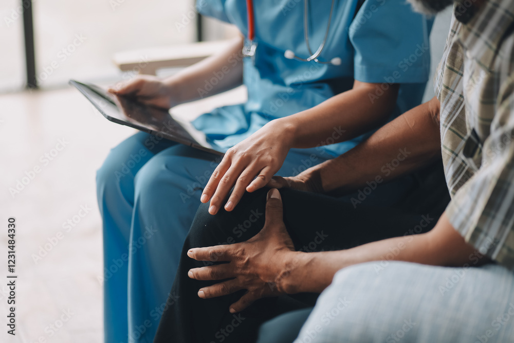 Fototapeta premium Caregiver doctor or nurse training stretching leg and knee with patient senior man for physical therapy and rehabilitation, physiotherapist assistance elderly exercising, medical and insurance.