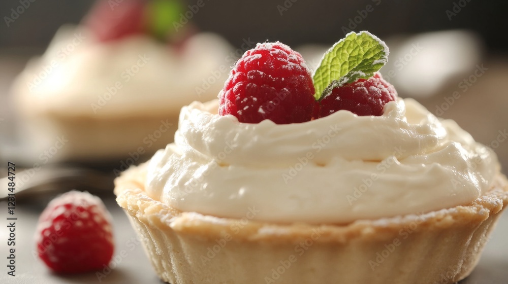 Delicious raspberry tarts with whipped cream and mint. Delicious raspberry tarts with whipped cream and mint.