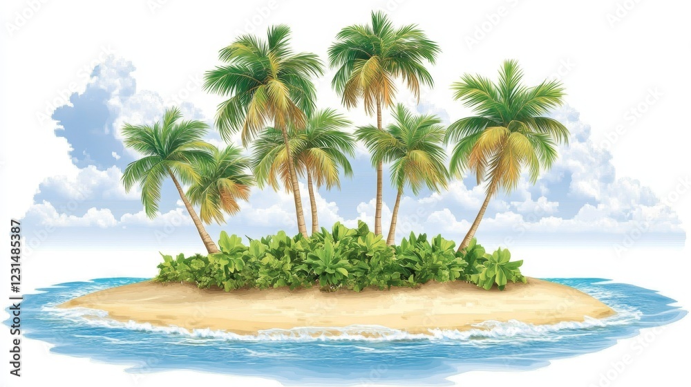 Fototapeta premium Idyllic Tropical Island Paradise with Lush Palm Trees and Sandy Beach