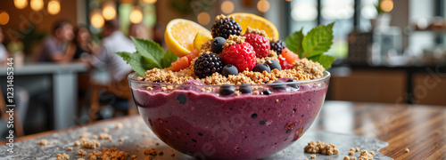 Vibrant smoothie bowl with acai berries in a cheerful cafe, health photo