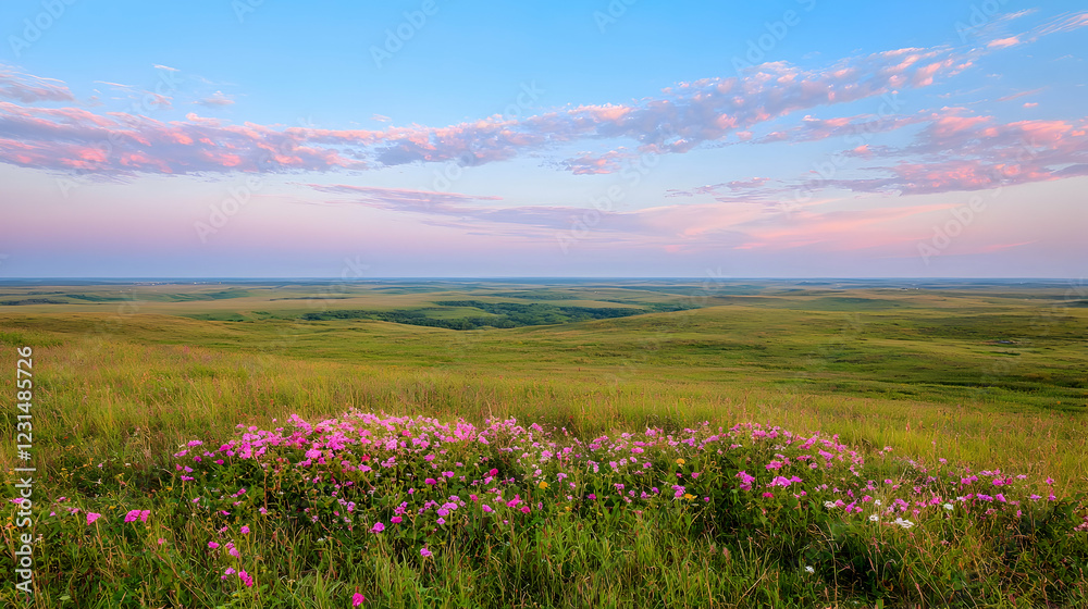 Prairie sunset, wildflowers, vast landscape, peaceful scene, nature photography