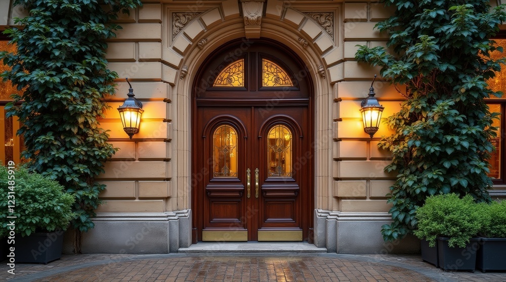 Fototapeta premium Grand dark oak door with brass handles in Sydney's heritage building