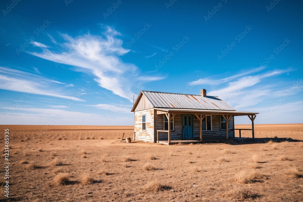 An isolated wooden cabin stands in a vast arid desert landscape under a clear blue sky, symbolizing solitude and resilience in the midst of nature's simplicity and vastness. An isolated wooden cabin stands in a vast arid desert landscape under a clear blue sky, symbolizing solitude and resilience in the midst of nature's simplicity and vastness.