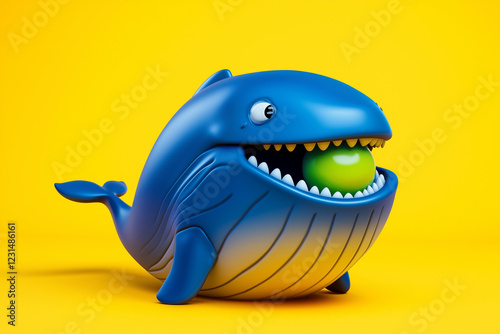 Blue cartoon whale happily chewing a shiny green apple.