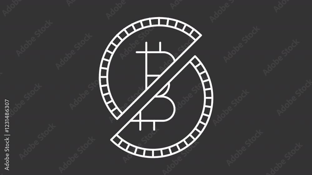 Bitcoin halving white line animation. Cut crypto token animated icon. Regular financial event at blockchain system. Isolated illustration on dark background. Transition alpha video. Motion graphic