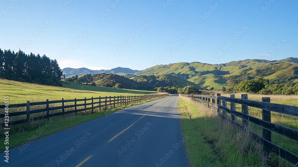 Serene Country Road Surrounded by Lush Green Hills and Trees Serene Country Road Surrounded by Lush Green Hills and Trees