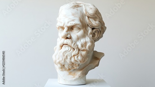 A smooth marble sculpture head of a philosopher, positioned on a plain white background, emphasizing its timeless nature 