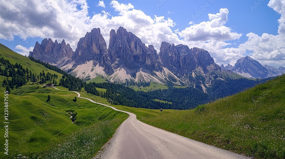Scenic Mountain Road in the Dolomites Under Blue Sky and Clouds Scenic Mountain Road in the Dolomites Under Blue Sky and Clouds