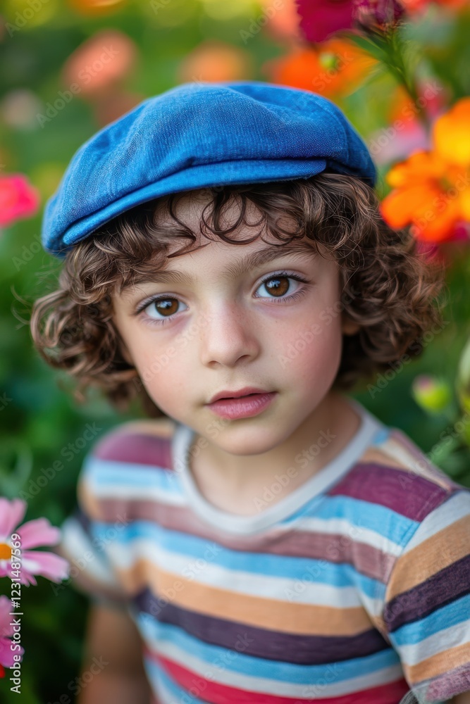 Child with curly hair wearing blue cap, standing among colorful flowers in garden, showcasing innocence and the joy of nature, perfect for childrens photography. Child with curly hair wearing blue cap, standing among colorful flowers in garden, showcasing innocence and the joy of nature, perfect for childrens photography.