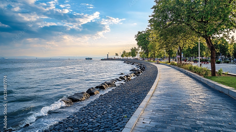 Scenic Waterfront Pathway with Trees and Calm Waters at Sunset Scenic Waterfront Pathway with Trees and Calm Waters at Sunset