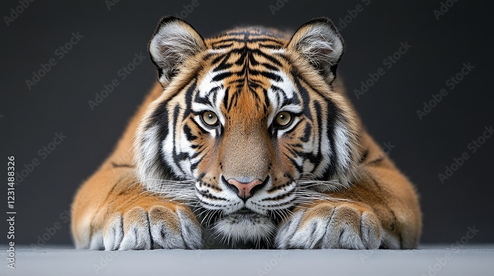 Fototapeta premium Majestic Siberian Tiger Reclining, Intense Gaze, Dark Background