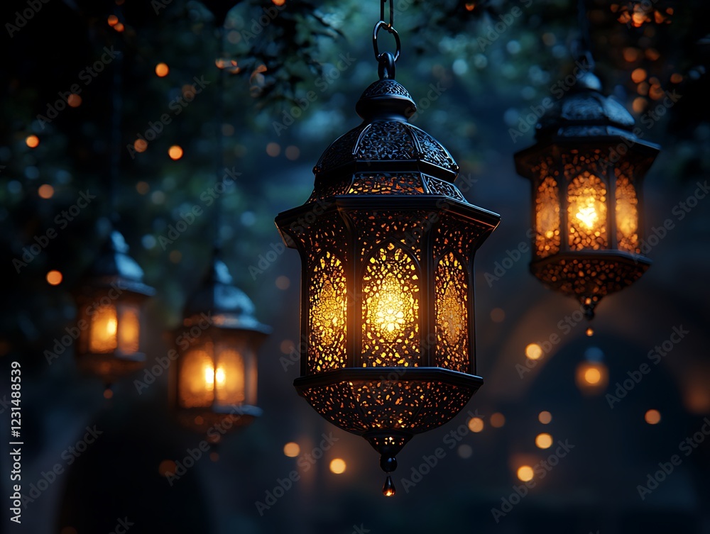 Moroccan Lanterns Hanging from Tree Branches at Dusk