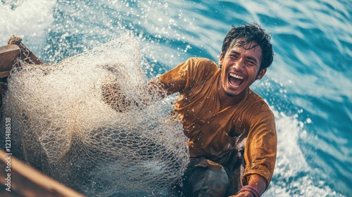 Young fisherman in a wooden fishing boat, excitedly pulling up his net full of fish.