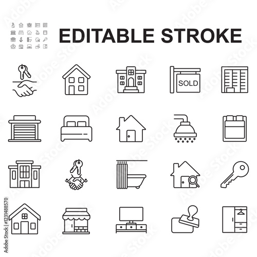 Rental Estate Icon Set. Vector illustration in modern thin line style of icons related to real estate, property types, documents and more.